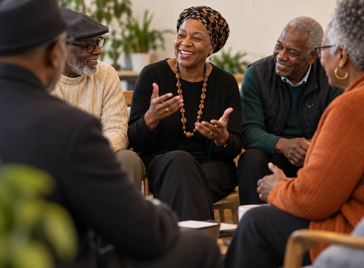 Five older Black men and women in conversation in a community room. A woman in a patterned headwrap is speaking and the others are smiling.